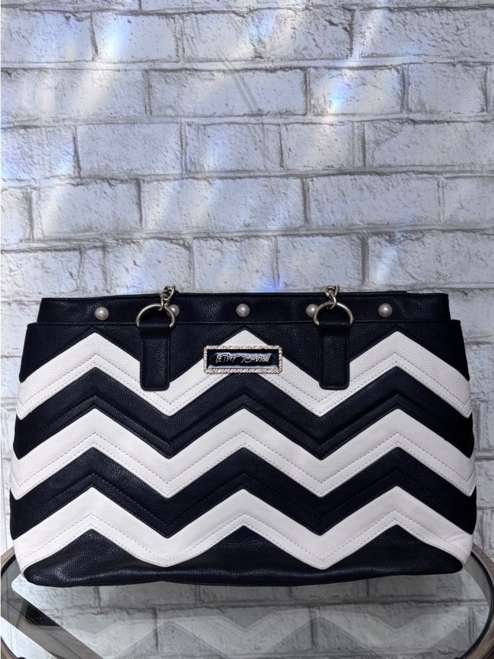 Betsey Johnson Black & White Chevron Tote with Chain-Accent Handles